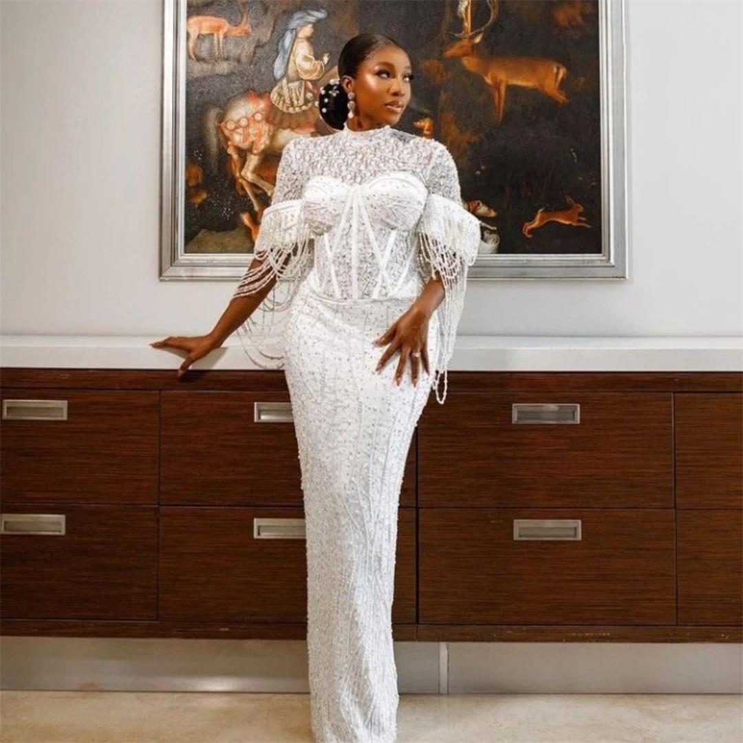 

African Mermaid Wedding Dresses Women Elegant Lace Bridal Gowns 2022 Vingate Pearls Beading Customise Second Reception Dress, Light yellow