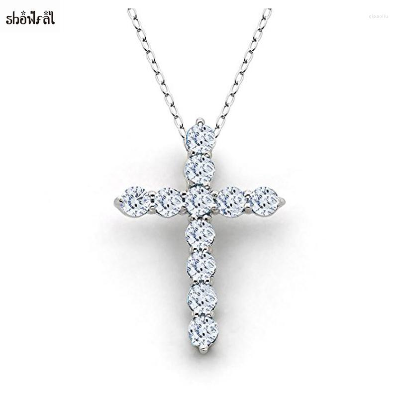 

Chains Latin Cross Charm Necklace Clear Zircon Elements Crystals Pendant Women's Silvers Plated Genuine JewelryChains ChainsChains