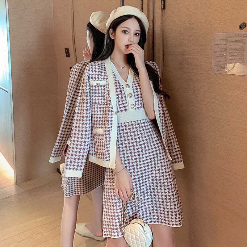 Two Pieces Skirt AUTH Maje Moetic Jacquard Cardigan Sky Blue Dresses-image-759555635