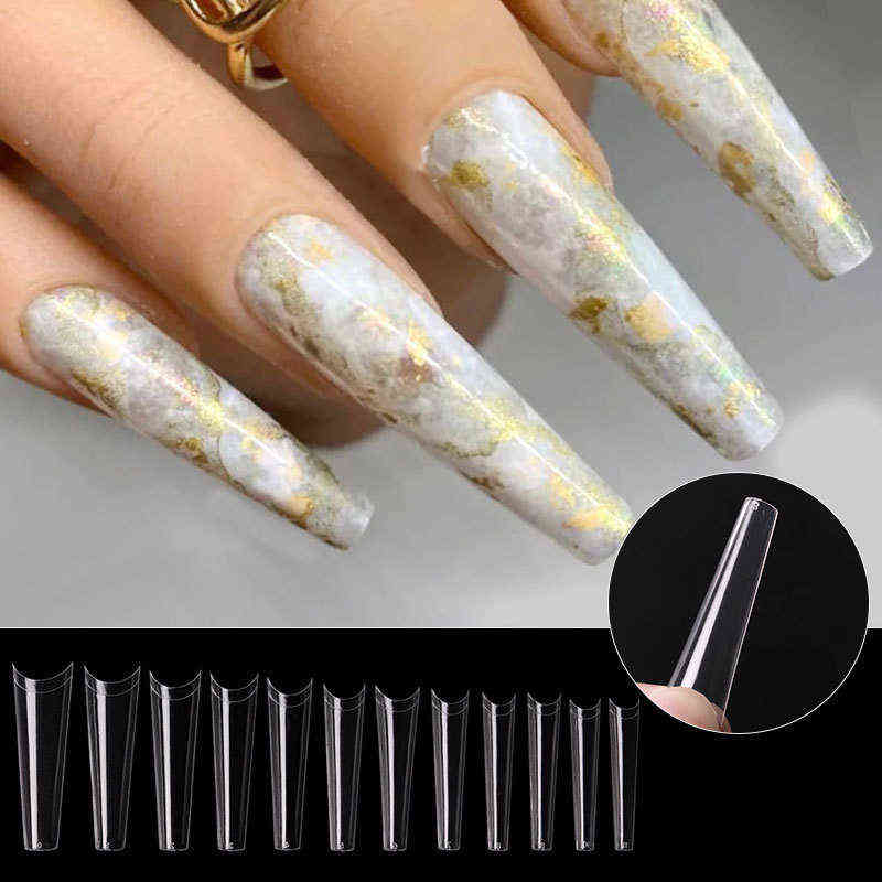 

240 Pcs Extra Long Fake Nails Nail Tips XXL Ballerina French False Nails Clear Crystal Acrylic Nail Coffin Shape Super Long Nail W220413, Black