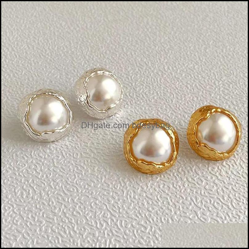 

Stud Vintage S925 Geometric Round Pearl Simple Metal Earrings Gold Sier Color For Women Girls Jewelry Travel Party 202 Bdesybag Dh7Ec