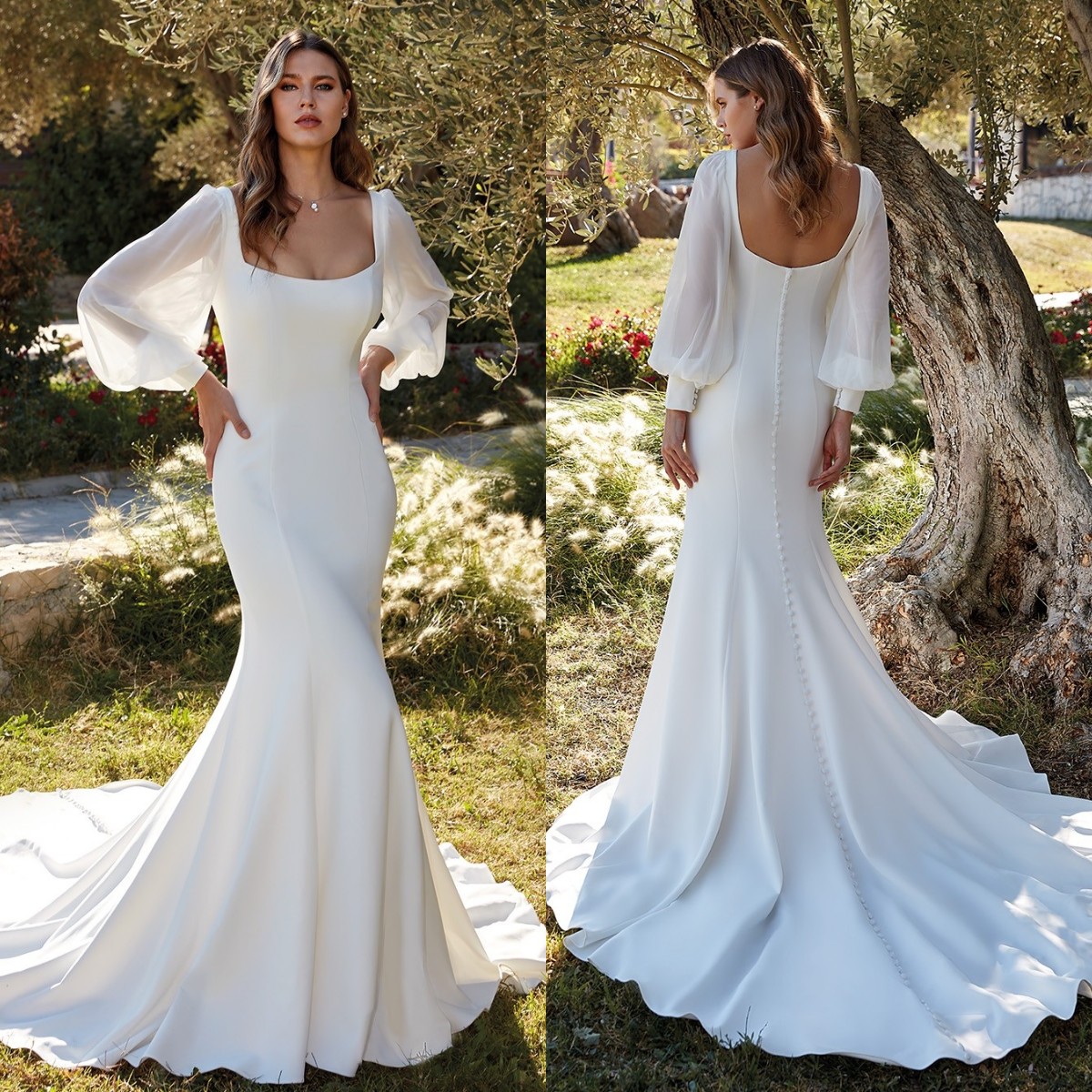 Eddy k plage satin sirène robe de mariée scoop cou de manche longue bouton arrière robe de mariée