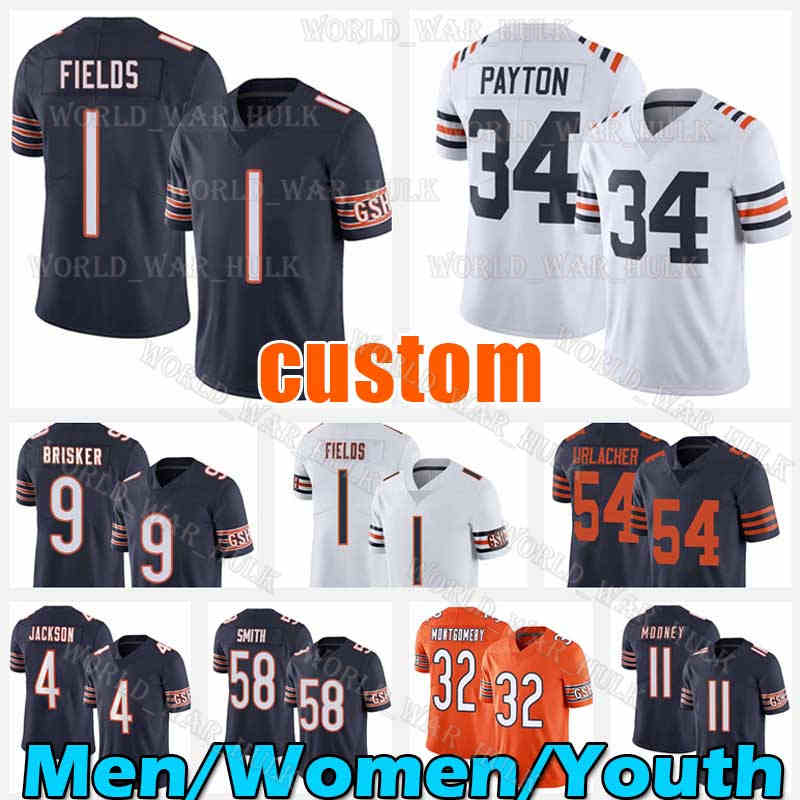 

1 Justin Fields Jersey Roquan Smith Football David Montgomery Bears''Walter Payton Byron Pringle Darnell Mooney Jaquan Brisker Eddie Jackson Urlacher Velus Jones, Custom women(x d)