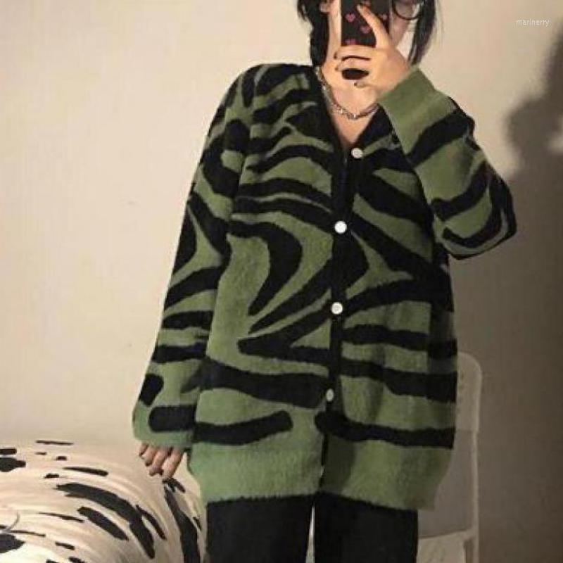 

Women' Knits & Tees Sweater V-neck Long-sleeved Autumn Winter Women Cardigan Green Zebra Pattern Loose Single Breasted KnittedWomen' Mari2
