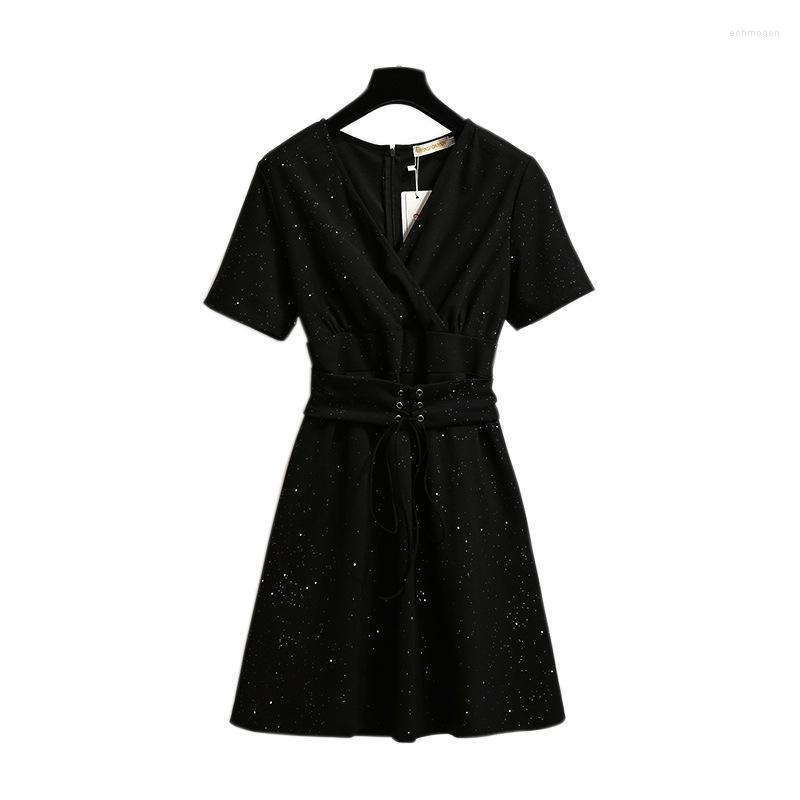 

Plus Size Dresses 2022 Summer Mini Dress For Women Large Short Sleeve Loose Black Sequin V Neck Belt 3XL 4XL 5XL 6XL Echm22
