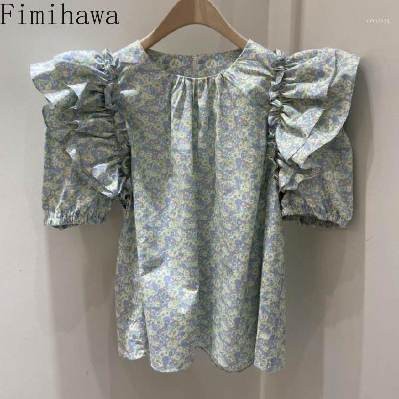 

Women' Blouses & Shirts Fimihawa Korean 2022 Vintage Flying Ruffle Sleeve Blouse Floral Print Chic Women Shirt Blusas Mujer De Moda Verano, Green