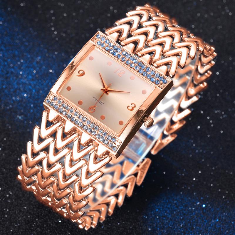 

Wristwatches Women Square Rhinestone Watches Luxury Stainless Steel Waterproof Quartz Bracelet Wrist Relogio FemininoWristwatches, Silver