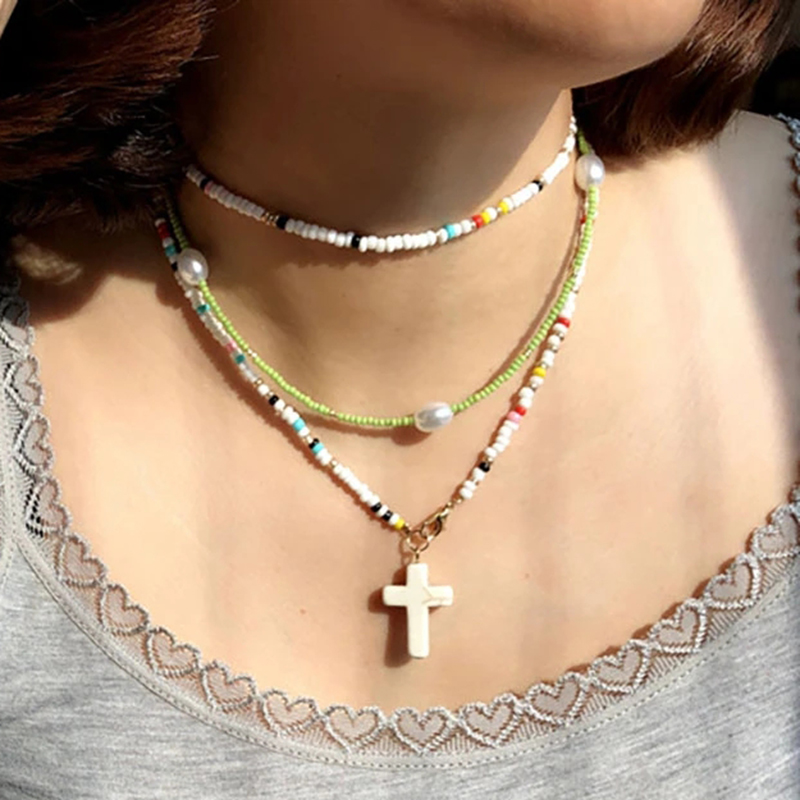 

Boho Multicolor Seed Beads Necklace Women Fashion Cross Shell Layered Chain Necklace Pendant Jewelry Charms Gift