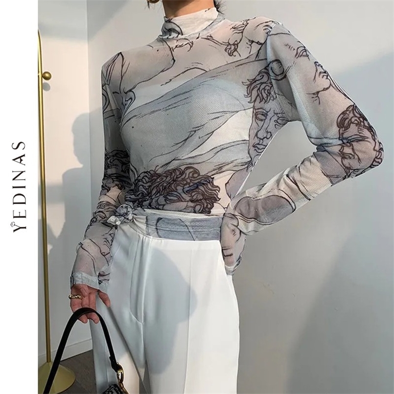 

Yedinas Turtleneck Mesh Blouse Women Renaissance Print Long Sleeve See Through Top Ladies Sheer Designer Top Clothing 220407, Like picture