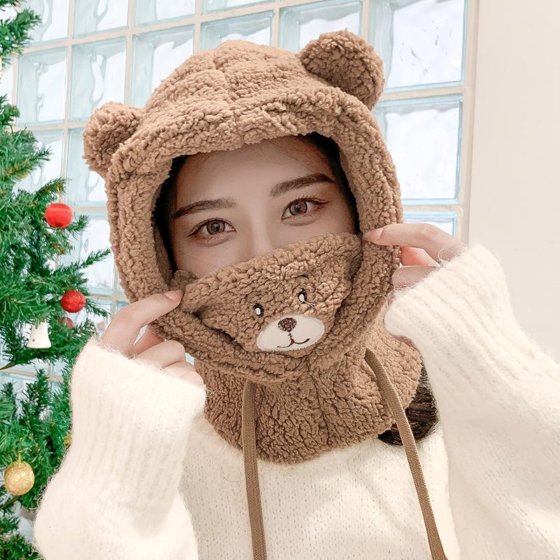 

Beanie/Skull Caps Winter Cartoon Bear Ear Cap Women's Hat Lamb Plush Warm Thickened Balaclava For Women Neck Protection With Mask ChildrenBe, Khaki