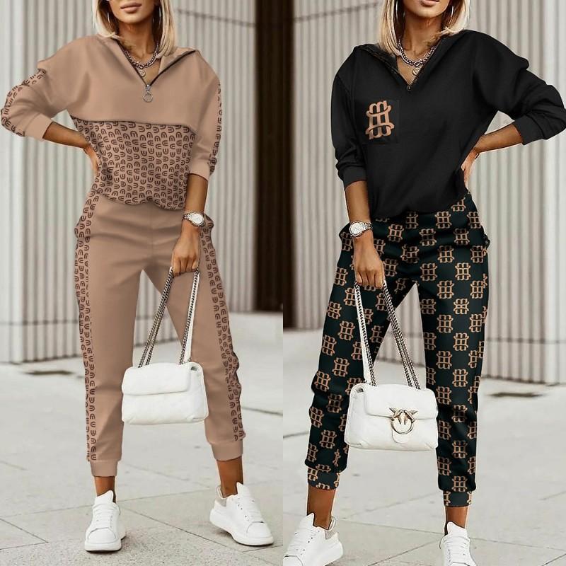 

Women's Two Piece Pants Fashion Women Plaid Print Zipper Front Hooded Top & Set Pieces Suit Trousers OutwearWomen's, Coffee