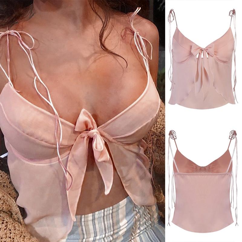 

Women's Tanks & Camis -Summer Sexy Slim Camisole Lace-Up Bow Ladies Basic Crop Tops Streetwear FashionWomen's, Pink