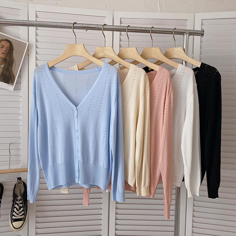 

Women's Knits & Tees Knitted Cardigans For Women Autumn Hollow Out Deep V Neck Tops Korean Fashion Long Sleeve Sweaters Woman Cardigan DropW, Black