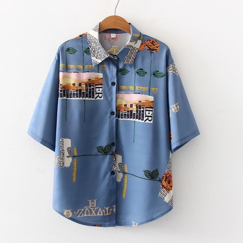 

Lady Fashion Shirt Women Top Beach Print Short Sleeve Lapel Casual Blouse Personality 2022 Trend Comfortable Women' Blouses & Shirts, Blue