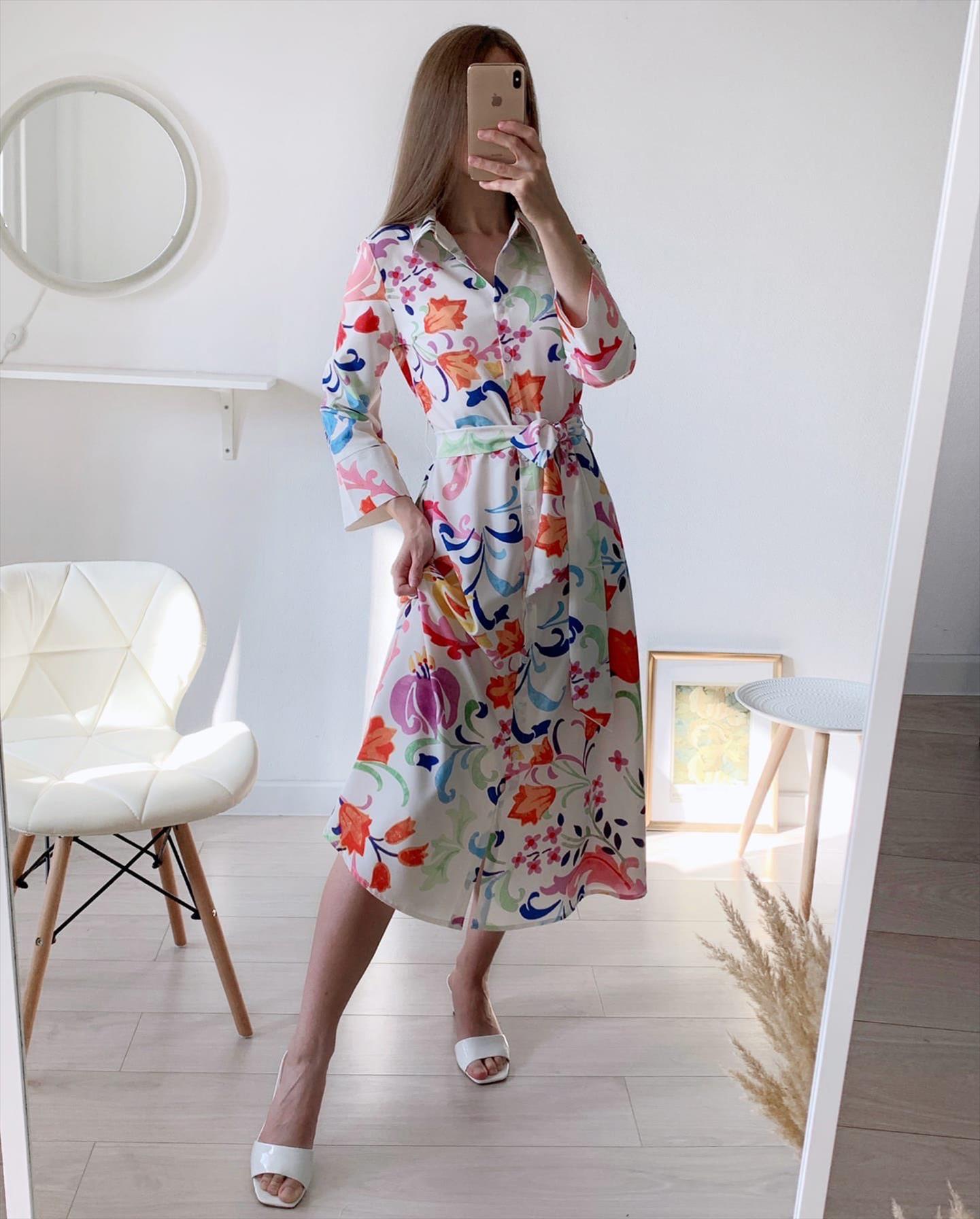 

Summer Women Floral Print Bow Sashes Midi Lapel Dress Female Chic Three Quarter Sleeve Casual Slim Dresses, Multi