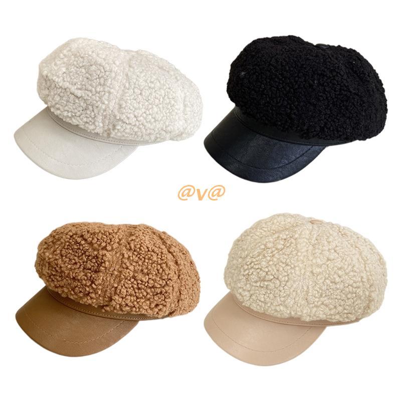 

Berets Vintage Lamb Wool Octagonal Hat Solid Color Sweet Beret Female Autumn WinterBerets, Black