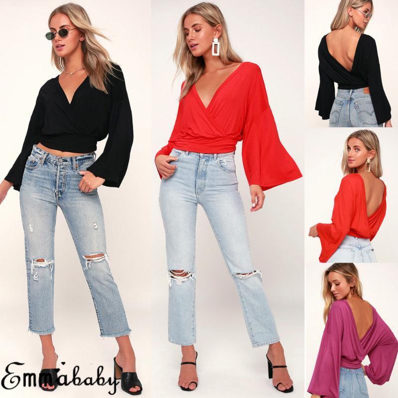 

Reversible Women' Casual Shirt Long Flare Sleeve Backless V-neck Loose Tops Chiffon Blouse Sexy Women Clothing 2022 Blouses & Shirts, Black