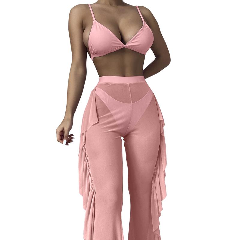 

Women' Swimwear Mesh Swimsuits For Women 3 Piece Bikini Bathing Suit Tropical Halter Ruffle With Plant Print Beach Long Pants T2Women, Black