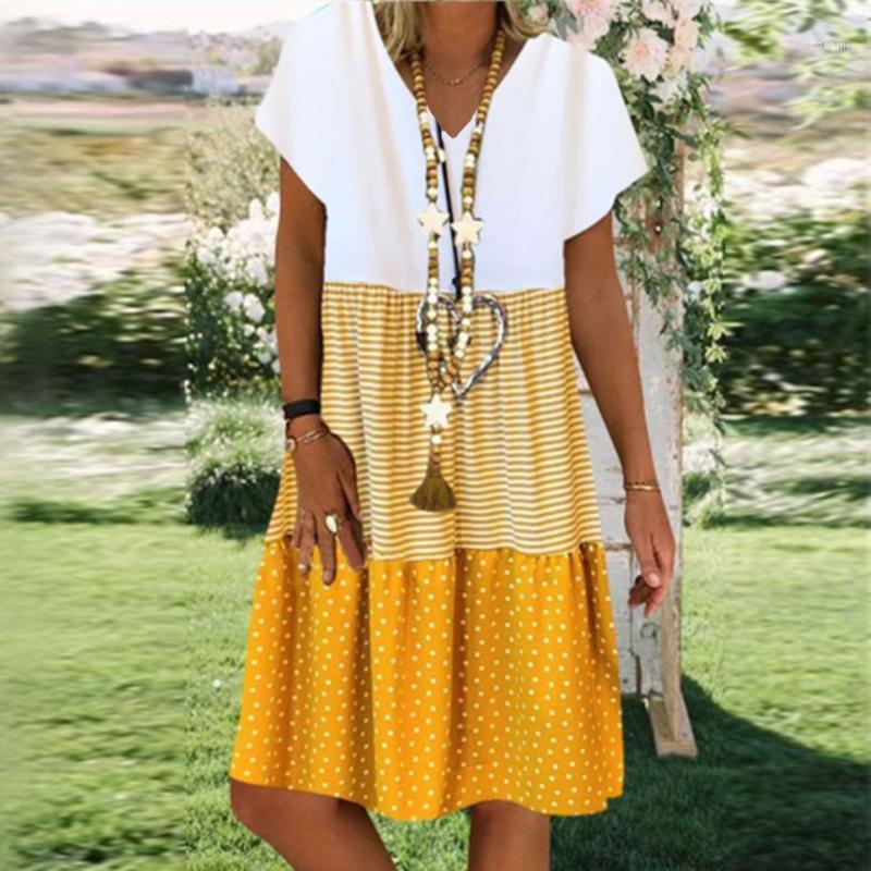 

Casual Dresses Vintage V-neck Striped Dots Print Party Dress Women Spring Summer Short Sleeve Elegant Plus Size Patchwork Dressesz, Red