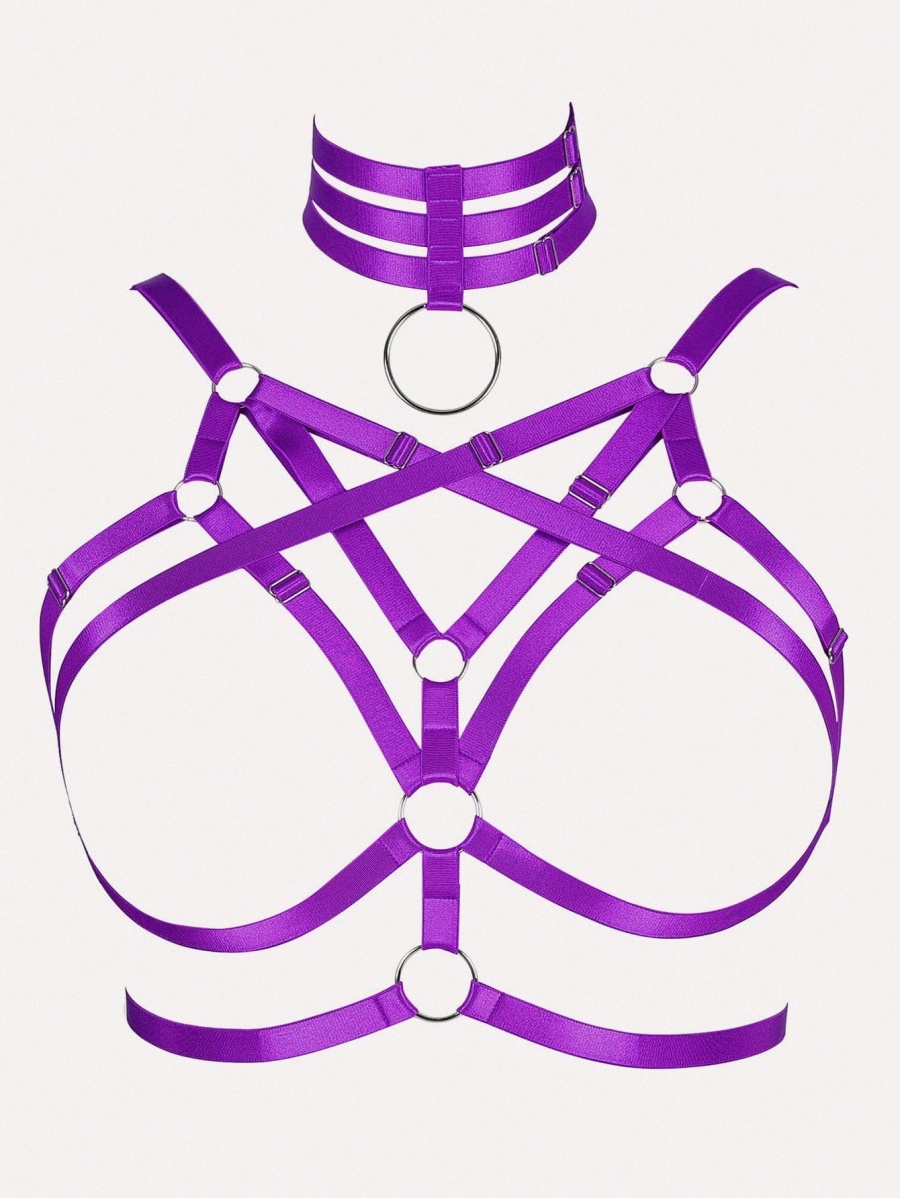 

plus Cut-out Ring Linked Harness Bra With Choker j8zU#, Purple