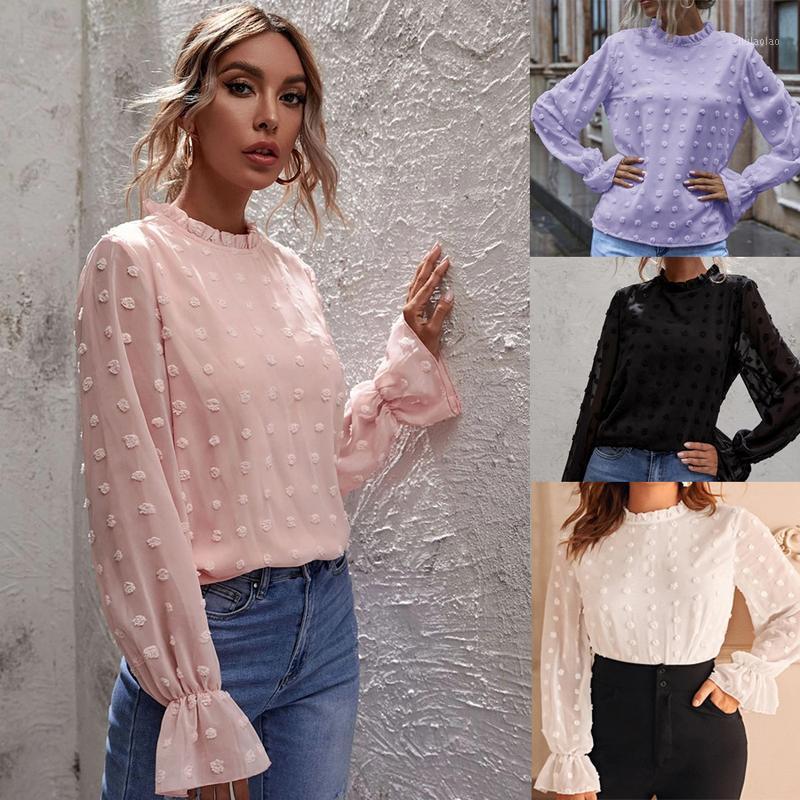 

Women' Blouses & Shirts European And American Independent Station Spring Summer 2022 Round Neck Long Sleeve Loose Chiffon Top Spot, White