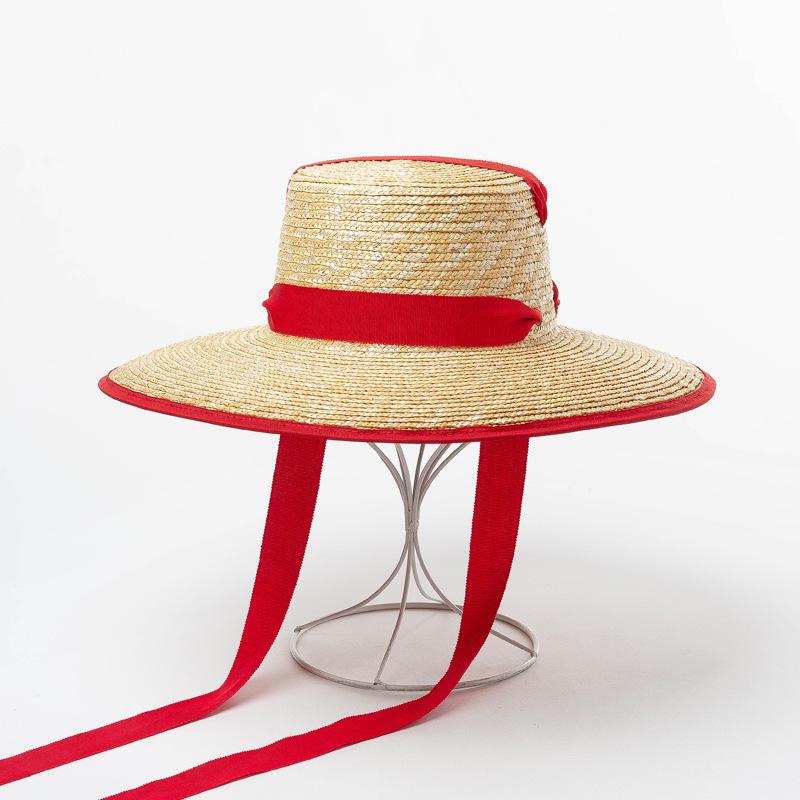 

Wide Brim Hats Fashion Bandage Straw Sun For Women Summer Flat Top Beach Hat Outdoor Travel Sunscreen UV Wholesale, Black