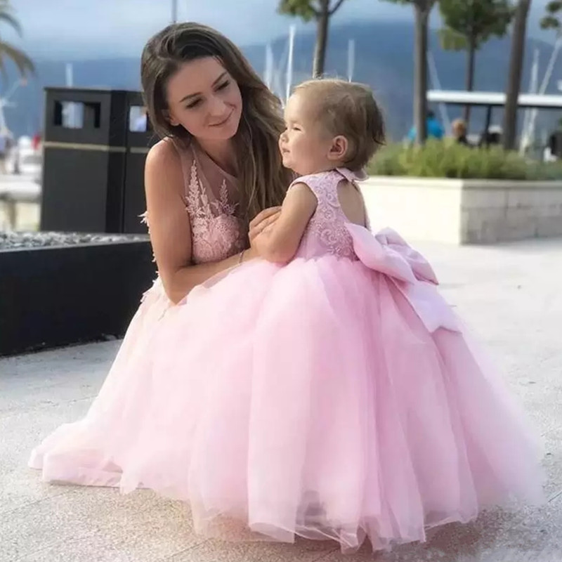 

Cute Lovely Pink Mother And Daughter Prom Dresses For Wedding Party Flower Girls Dress Toddler Ball Gowns, Fuchsia