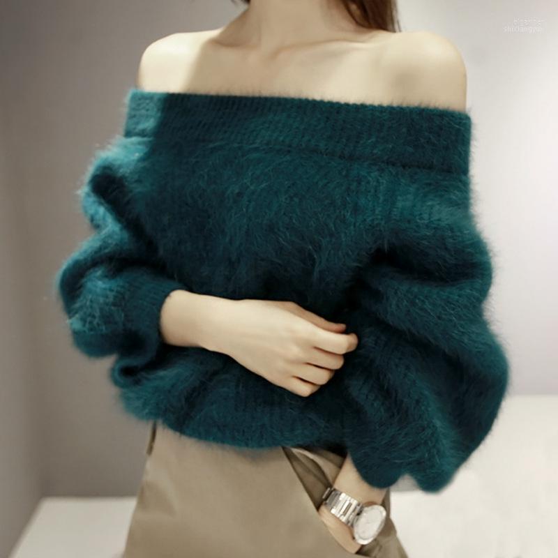 

Wholesale-2022 Women Sweater And Pullovers Solid Slash Neck Collar Hair Fluffed Imitation Mink Cashmere Knit Faux Skin Olga22, Black