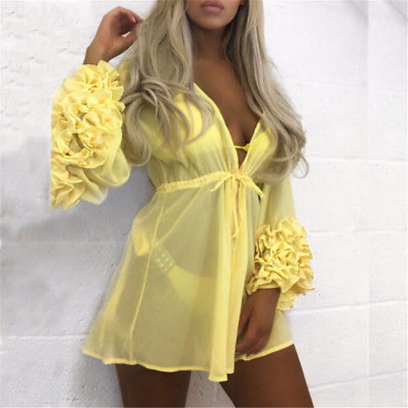 

Sarongs Women Sexy Beach Cover-up Long Puff Sleeve Covers Up Bathing Suit Summer Wear Pareo Swimwear Mesh Dress Tunic RobeSarongs