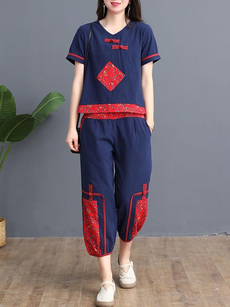 

Women's Two Piece Pants Sets Women Casual Suits 2022 Summer Chinese Style Vintage Loose Female Cotton Tops And Calf-length D353Women's, Red