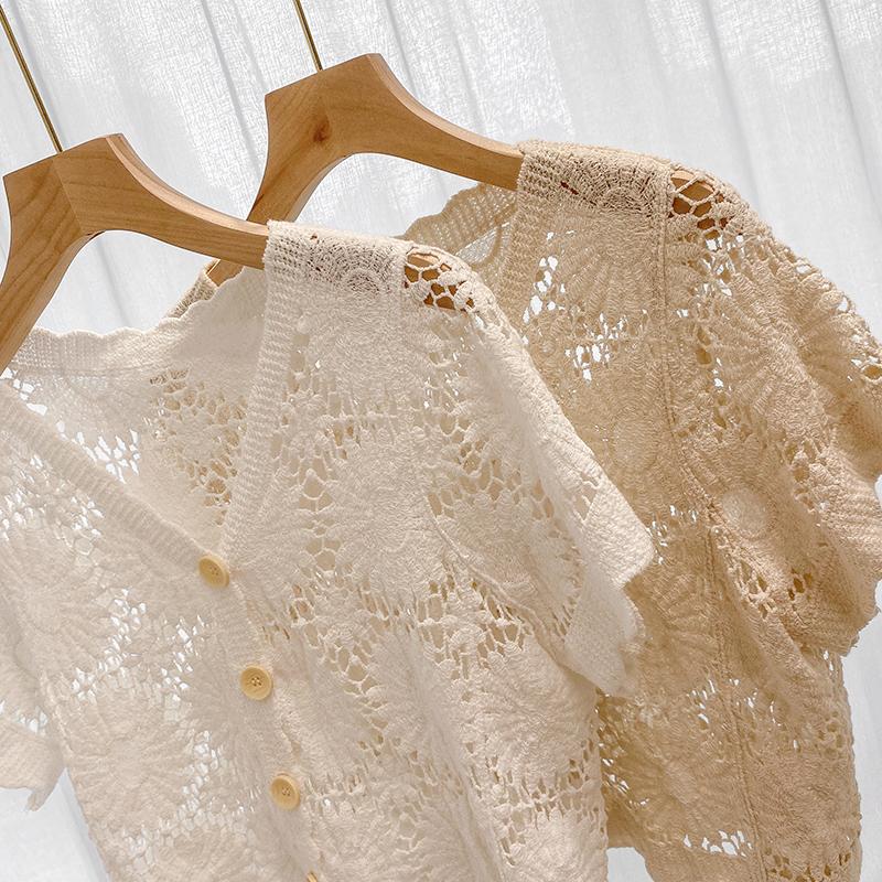 

Women's Knits & Tees Pearl Diary Women Knitted Crochet Cropped Cardigan Summer Floral Pattern Buttons Front V Neck Scallop Edge Sweet Crop T, Short sleeve apricot
