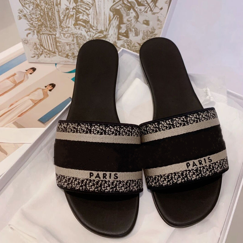 

2022 Women luxury Designer Sandals Slippers Leather Summer Flat Slipper Embroidery fashion beach woman Big head Rainbow letters 35-42 With Box 32 color