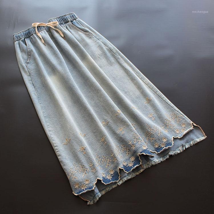 

Skirts 2022 Women Skirt Denim Spring Summer A Line Elastic Waist Embroidery Pockets Vintage Casual Female YoYikamomo, Blue