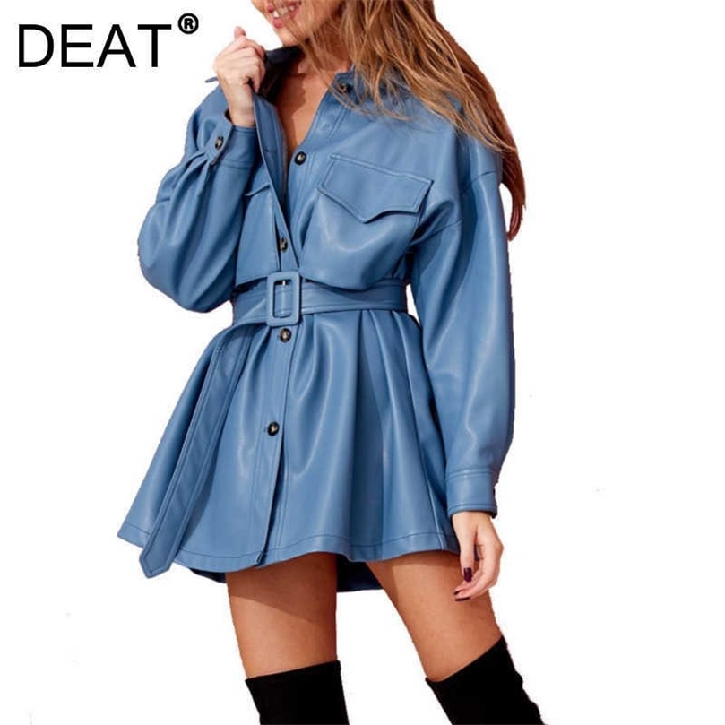 

DEAT Women Coat Lace Up PU Leather Cardigan Single-breasted Long Sleeve Fashion Temperament Autumn Winter 11D1816 210709, Khaki