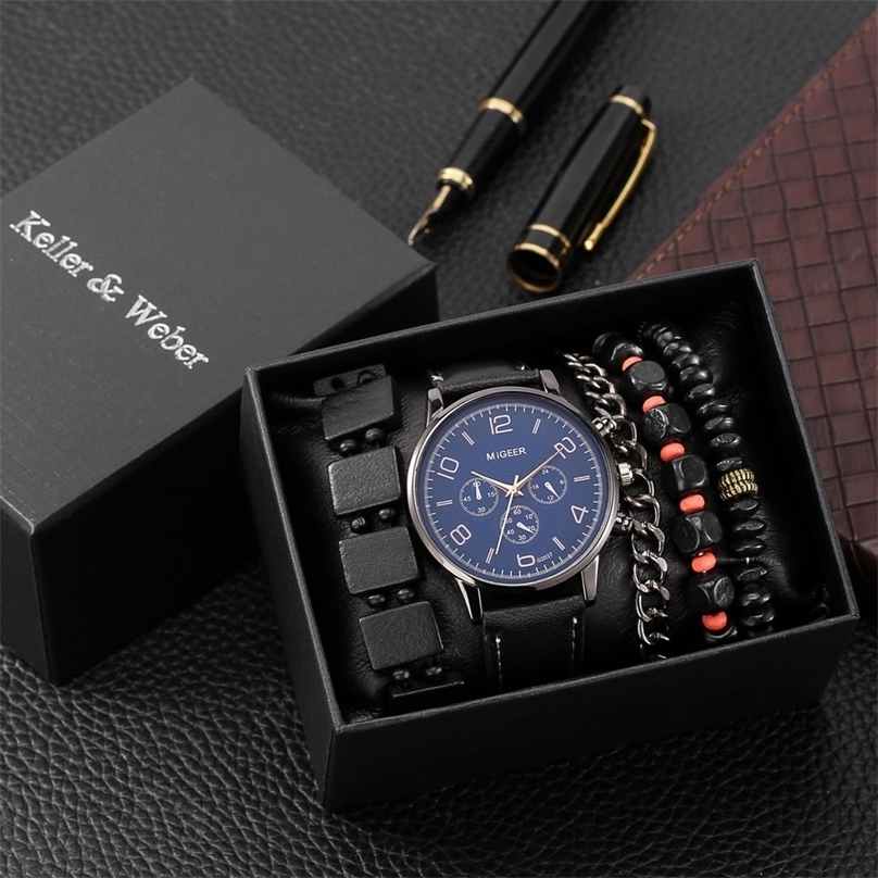 

5 PiecesSet Men Gift Box Bracelet rals Quartz Watch Leather Strap Pin Buckle Male Elastic Bracelets Practical Present 220526, Watch suit 6
