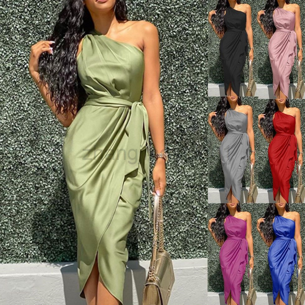Designer Wed Prom Bridesmaid Summer Flower Girl Dress European American Womens Dress New Irregular Diagonal Shoulder Belt Slim Satin Dress