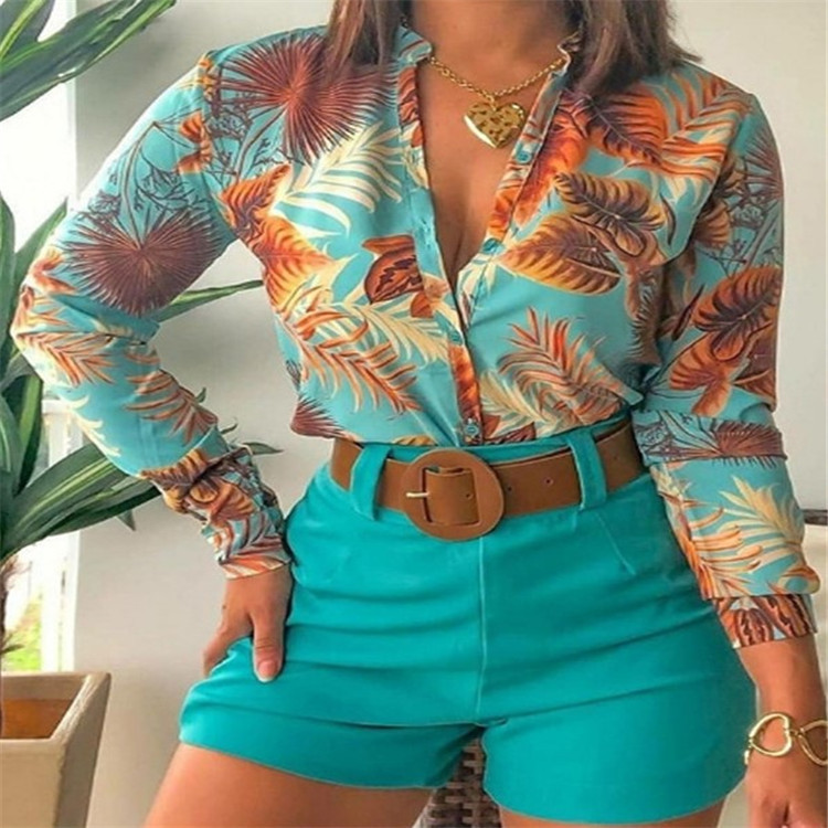 

Women's Tracksuits Women Long Sleeve Floral Printed Tie Knot Top Blouse Shirts Suits Casual Spring Female Printed Shorts Set, Yellow shorts