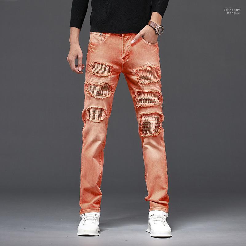

Men's Jeans Orange White Men Fashion Slim Fit Straight Hip Hop Pants Summer Streetwear Ripped Patch Denim TrousersMen's Bert22, 7888 orange