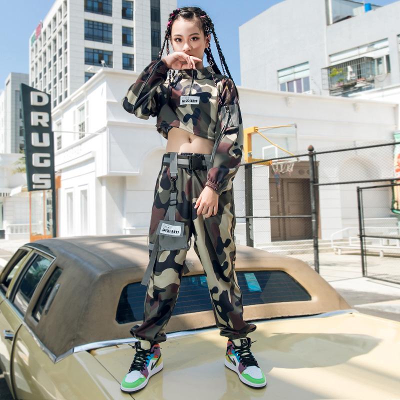 

Stage Wear Kids Hip Hop Dance Costume Girls Camouflage Tops Pants Autumn Long Sleeves Set Modern Hiphop Outfits Show Rave BL4970Stage