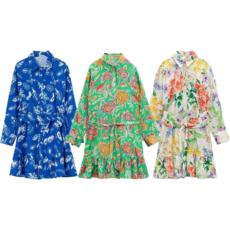 

Casual Dresses Women's Summer 2022 Chic Fashion Boho Belt Poplin Print Shirt Style Vintage Lapel Long Sleeve Women Dress Vestidos MujerC