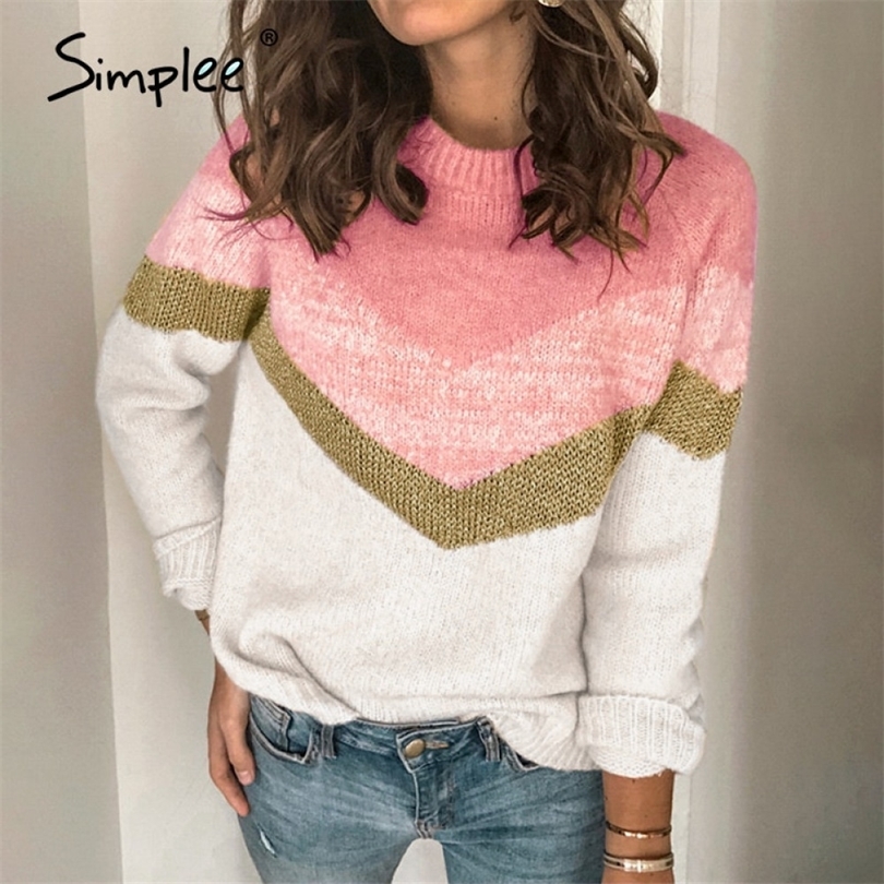 

Casual stripe knitted sweater Loose color contrast round neck Pullover Korean street style women's sweater winter 201016, Beige