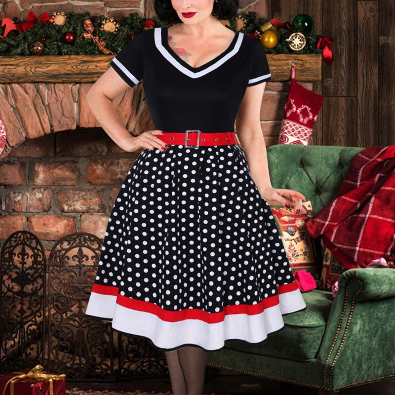 

Party Dresses Vintage Dress For Women Dot Printed Casual Female Oversized Holiday Christmas A-Line With Belt Ropa Muejr, Black
