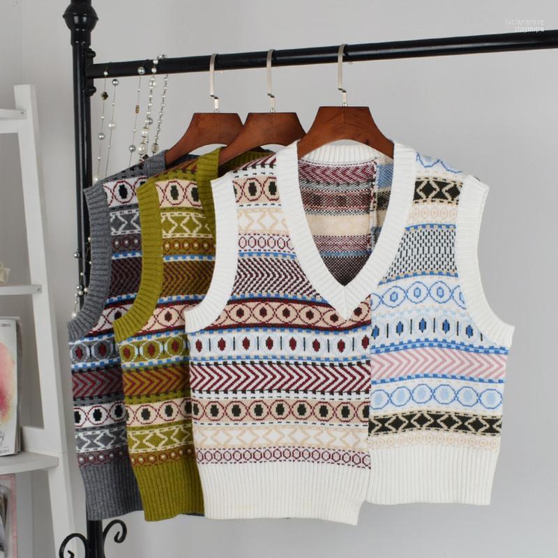 

Women's Vests Women Vest Sweater 2022 Autumn Spliced V-neck Geometric Jacquard Knitted Coat Casual Loose Sleeveless Outerwear P-0271 Luci22, Gray