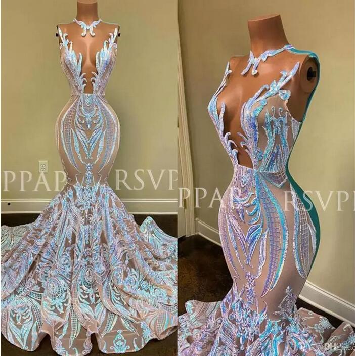 

Black Girls Sparkly Sequin Long Prom dresses 2023 Sexy sheer o Neck Mermaid African Women Gala Evening Party Gowns robes BC10728 GJ0318, Light yellow