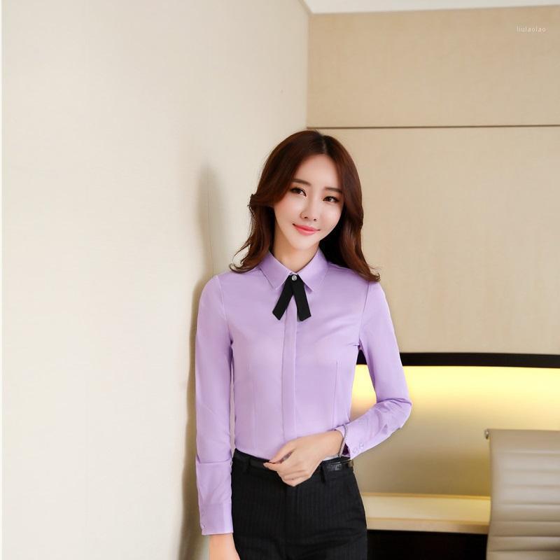 

Women' Blouses & Shirts Novelty Purple Spring Fall For Business Women Work Wear Female Tops Clothes Blouse Plus Size Long Sleeve With Tie