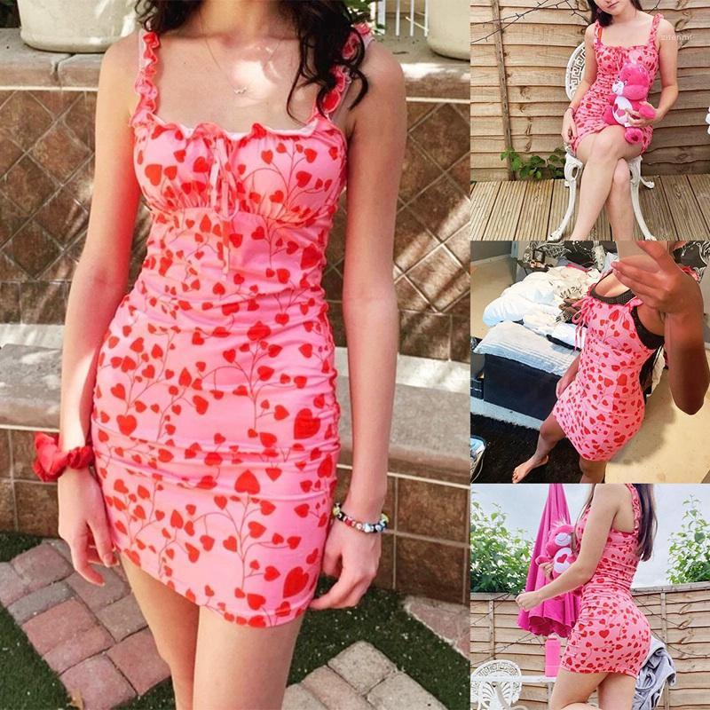 

Casual Dresses Square Neck Sling Dress Love Printed Skinny Hip Sexy Mini, Pink