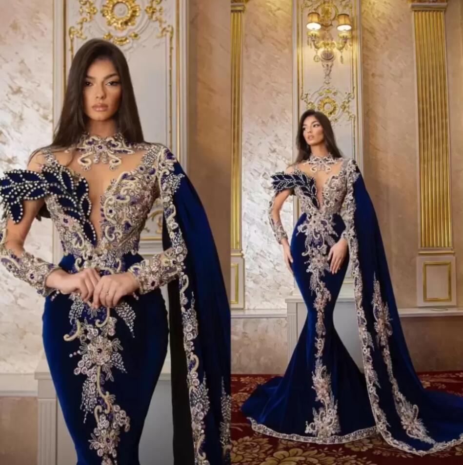 

2022 Luxury Velvet Royal Blue Mermaid Evening Dresses Beads Long Sleeves High Neck Birthday Party Prom Gowns with Shawl Custom Made C0804G06, Same as picture