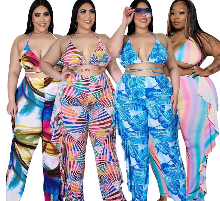 

Women's Plus Size Sexy Cutout Bikini Ruffle Print Wide Leg Pants Two Piece Set, Pinkish yellow