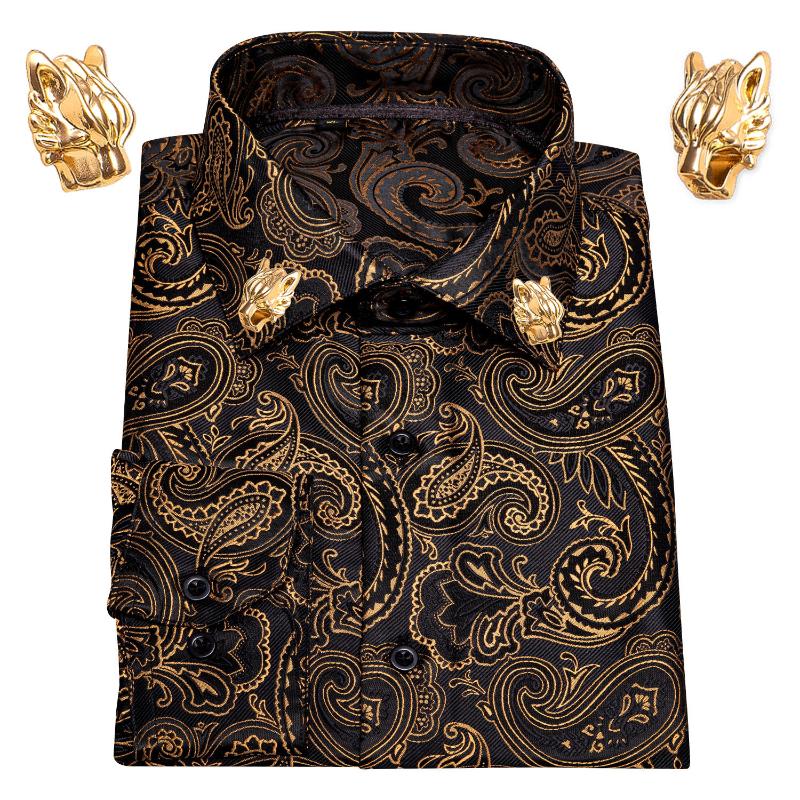 

Men' Dress Shirts Gold Paisley Silk Men Long Sleeve Casual Flower For Barry.Wang Designer Leopard Collar PinMen, Cy-0006-collar pin