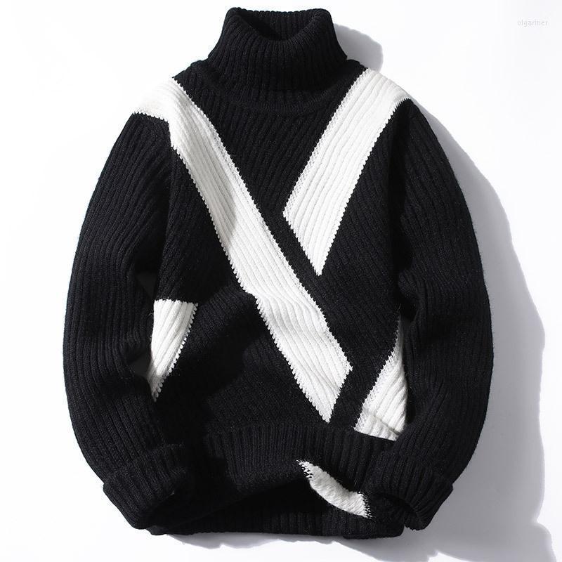 

Men's Sweaters #5889 Winter Knitted Sweater Men Spliced Color Turtleneck Man Harajuku Casual Pullovers Warm KnitwearMen's Olga22, Khaki